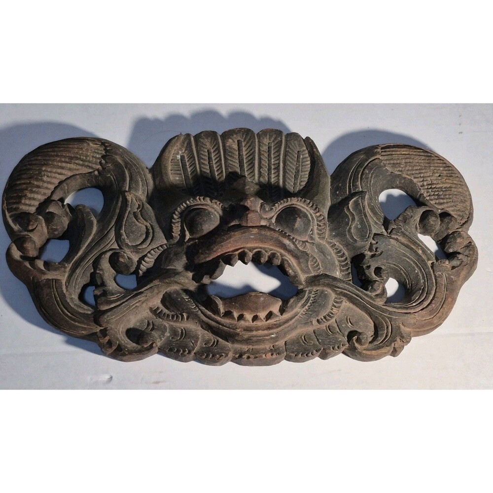 Vintage Nepalese Chhepu Carved Wood Panel Mask Himalayan Protection Folk Art